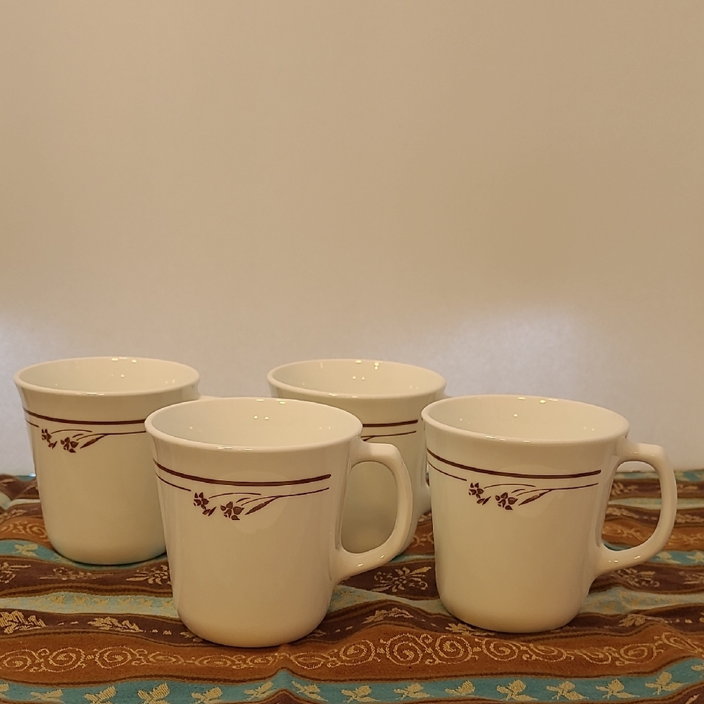 Elegant White Ceramic Mugs with Brown Floral Accents
